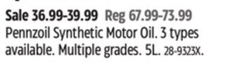 Canadian Tire Pennzoil synthetic motor oil offer