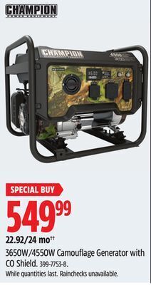 Canadian Tire Champion 3650w/4550w camouflage generator with co shield offer