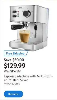 Walmart Espresso machine with milk frother i 15 bar i silver offer