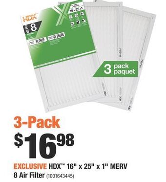 Home Depot Hdx™ 16" x 25" x 1" merv 8 air filter offer