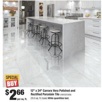 Home Depot 12" x 24" carrara vera polished and rectified porcelain tile offer