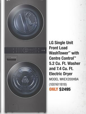 Home Depot Lg single unit front load washtower™ with centre control™ 5.2 cu. ft. washer and 7.4 cu. ft. electric dryer offer