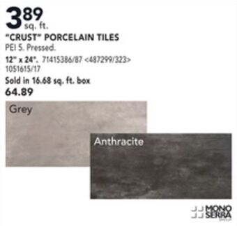 RONA Mono serra "crust" porcelain tiles 12" x 24" offer