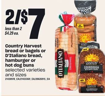Zehrs Markets Country harvest bread or bagels or d'italiano bread, hamburger or hot dog buns offer