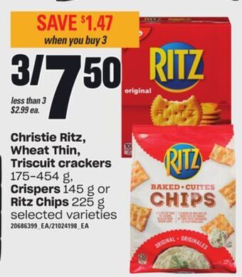 Zehrs Markets Christie ritz, wheat thin, triscuit crackers, 175-454 g, crispers, 145 g or ritz chips, 225 g offer