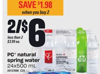 Zehrs Markets Pc® natural spring water, 24x500 ml offer