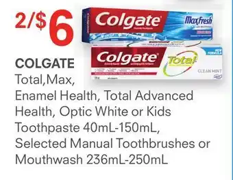 Remedy's RX Colgate total, max, enamel health, total advanced health, optic white or kids toothpaste 40ml-150ml, selected manual toothbru offer