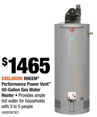 Home Depot Rheem performance power vent 50-gallon gas water heater offer