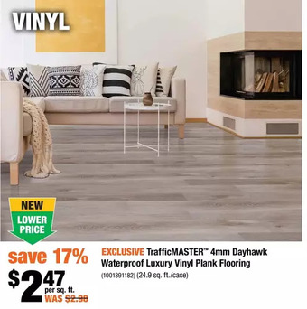 Home Depot Trafficmaster 4mm dayhawk waterproof luxury vinyl plank flooring offer