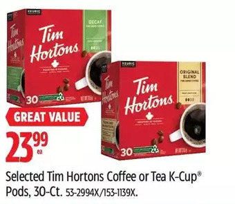 Canadian Tire Tim hortons coffee or tea k-cup pods, 30-ct offer