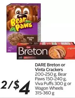 Sobeys Dare breton or vinta crackers, bear paws, viva puffs or wagon wheels offer