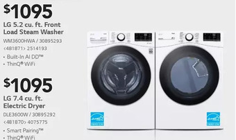 RONA Lg 5.2 cu. ft. front load steam washer | 7.4 cu. ft. electric dryer offer