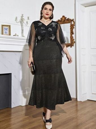 SheIn Plus floral embroidery ruched butterfly sleeve mesh dress offer