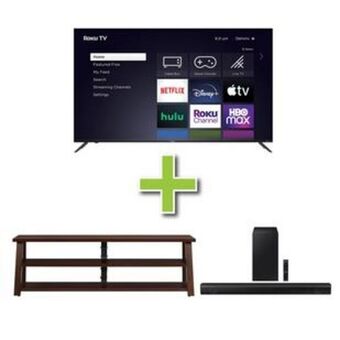 Aaron's 75" element tv w/ soundbar & tv stand offer