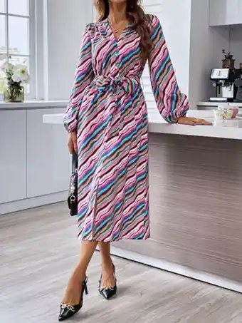 SheIn Allover print lantern sleeve belted shirt dress offer