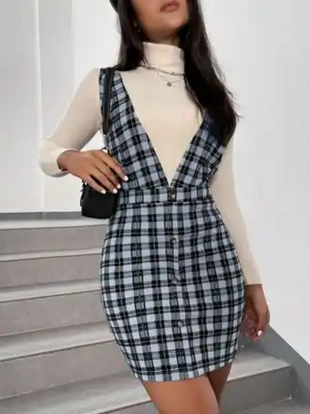 SheIn Shein ezwear plaid print button front overall dress without tee offer