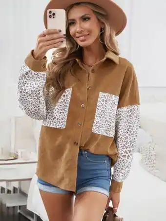 SheIn Leopard patched pocket button front corduroy shirt offer
