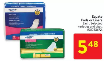 Walmart Equate pads or liners offer