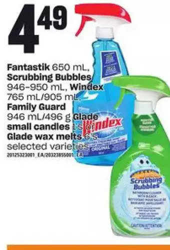 Loblaws Fantastik, scrubbing bubbles, windex, family guard | glade small candles or glade wax melts offer