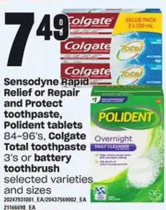 Loblaws Sensodyne rapid relief or repair and protect toothpaste, polident tablets, colgate total toothpaste or battery toothbrush offer