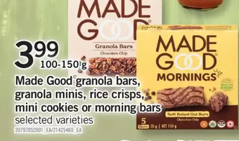 Fortinos Made good granola bars, granola minis, rice crisps, mini cookies or morning bars offer