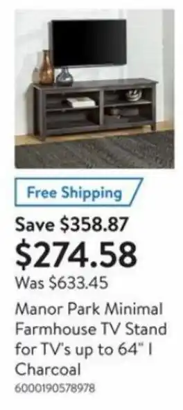 Walmart Manor park minimal farmhouse tv stand for tv's up to 64" / charcoal offer