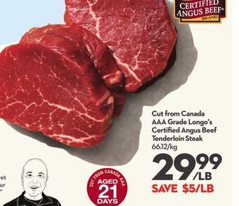 Longo's Cut from canada aaa grade longo's certified angus beef tenderloin steak offer