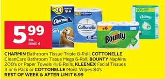 Rexall Charmin bathroom tissue triple 8-roll, cottonelle cleancare bathroom tissue mega 6-roll, bounty napkins 200's or paper towels offer
