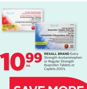 Rexall Rexall brand extra strength acetaminophen or regular strength ibuprofen tablets or caplets offer