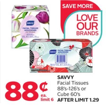 Rexall Savvy facial tissues 88' s-126' s or cube 60' s offer