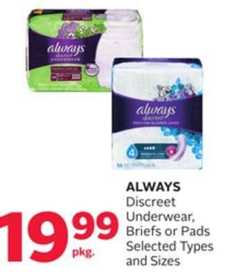 Rexall Always discreet underwear, briefs or pads offer