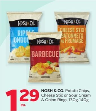 Rexall Nosh & co. potato chips, cheese stix or sour cream & onion rings 130g-140g offer