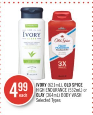 Shoppers Drug Mart Ivory (621ml), old spice high endurance (532ml) or olay (364ml) body wash offer