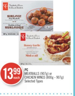 Shoppers Drug Mart Pc meatballs (907g) or chicken wings (800g - 907g) offer