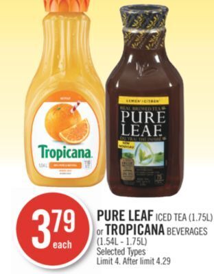 Shoppers Drug Mart Pure leaf iced tea (1.75l) or tropicana beverages (1.54l - 1.75l) offer