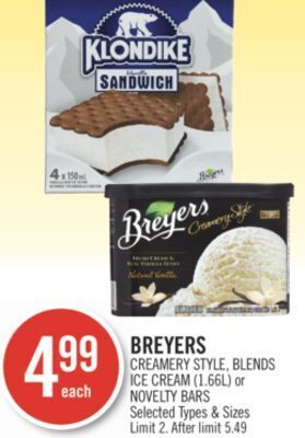 Shoppers Drug Mart Breyers creamery style, blends ice cream (1.66l) or novelty bars offer