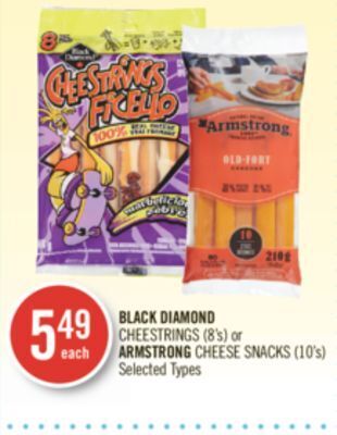 Shoppers Drug Mart Black diamond cheestrings (8's) or armstrong cheese snacks (10's) offer