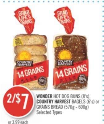 Shoppers Drug Mart Wonder hot dog buns (8's), country harvest bagels (6's) or grains bread (570g - 600g) offer