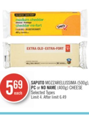 Shoppers Drug Mart Saputo mozzarellissima (500g), pc or no name (400g) cheese offer