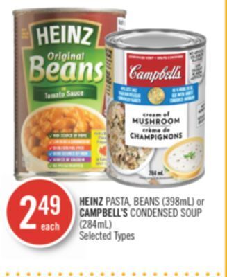 Shoppers Drug Mart Heinz pasta, beans (398ml) or campbell's condensed soup (284ml) offer