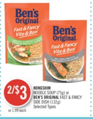 Shoppers Drug Mart Nongshim noodle soup (75g) or ben's original fast & fancy side dish (132g) offer