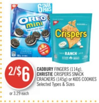 Shoppers Drug Mart Cadbury fingers (114g), christie crispers snack crackers (145g) or kids cookies offer