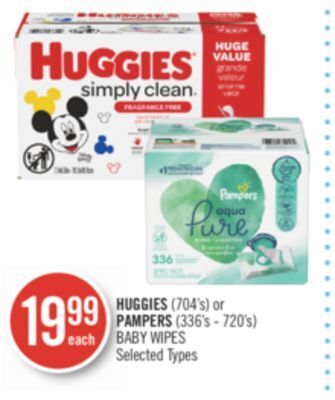 Shoppers Drug Mart Huggies (704's) or pampers (336's - 720's) baby wipes offer