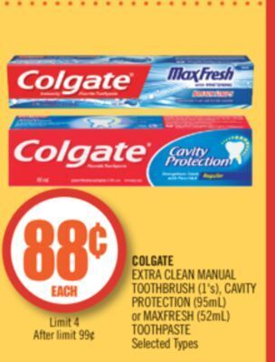 Shoppers Drug Mart Colgate extra clean manual toothbrush (1's), cavity protection (95ml) or maxfresh (52ml) toothpaste offer