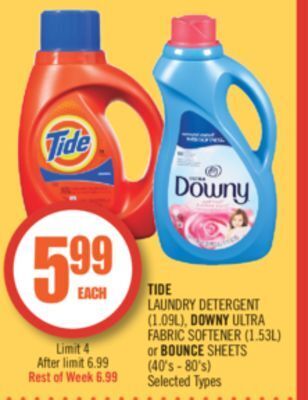 Shoppers Drug Mart Tide laundry detergent (1.09l), downy ultra fabric softener (1.53l) or bounce sheets (40's - 80's) offer