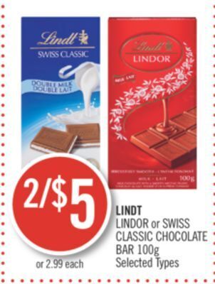Shoppers Drug Mart Lindt lindor or swiss classic chocolate bar offer