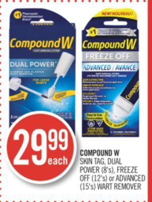 Shoppers Drug Mart Compound w skin tag, dual power (8's), freeze off (12's) or advanced (15's) wart remover offer