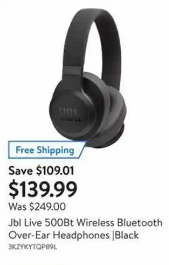 Walmart JBL live 500Bt wireless bluetooth over-ear headphones/ black offer