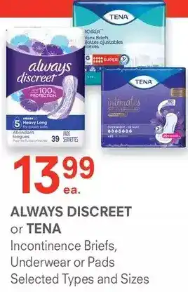 IDA Pharmacy Always discreet or tena incontinence briefs, underwear or pads offer