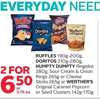 Rexall Ruffles, doritos, humpty dumpty ringolos, sour cream & onion rings or cheese sticks or werther's original caramel popcorn or offer